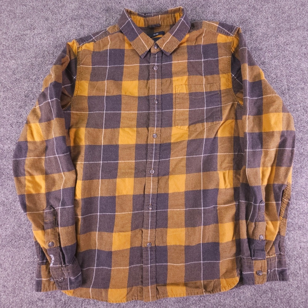 prAna Men Medium Organic Cotton Shirt Plaid Brown Long Sleeve Outdoor